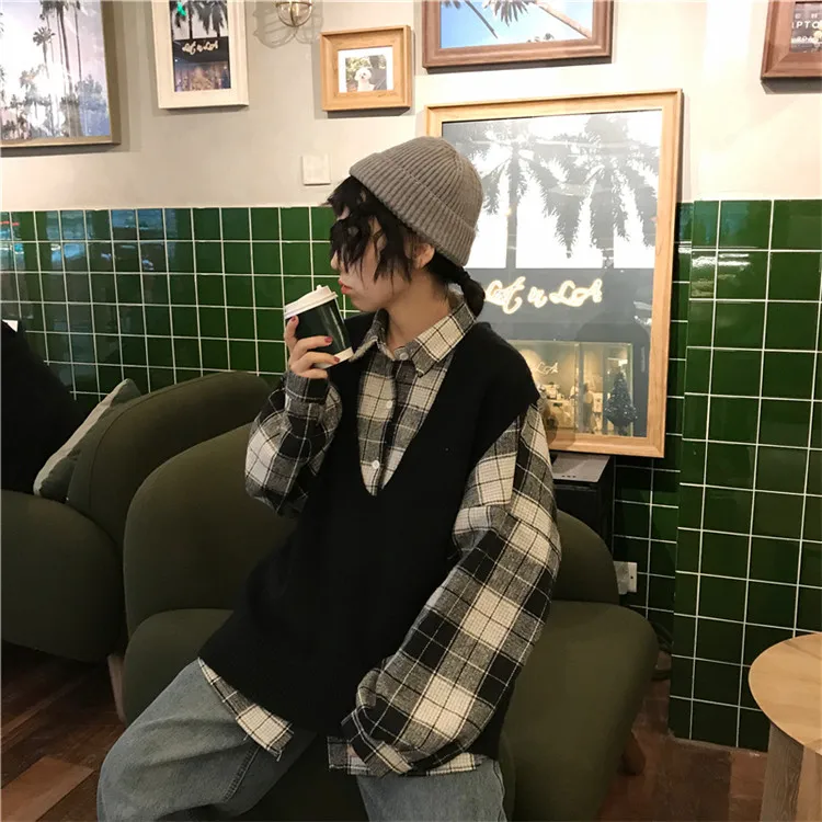 Harajuku Stylw шикарный Однотонный свитер жилет для колледжа для женщин на улице осень/зима ветер v-образным вырезом жилет клетчатая рубашка куртка