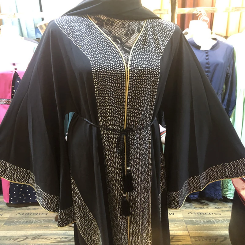 Алмазы открытый абайя кимоно Кафтан Дубай мусульманский хиджаб платье Турция Кафтан Исламская одежда Абая для женщин халат Djelaba Femme