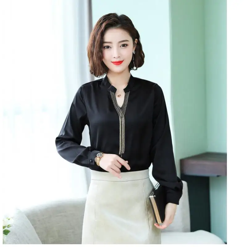 Women's Spring Autumn Style Chiffon Blouses Shirt Women's Rivet Beads Long Sleeve Solid Color Korean Elegant Tops 1656