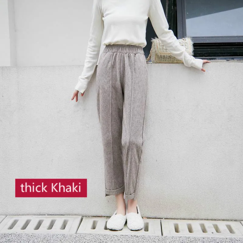 thick Khaki Зимние женские клетчатые штаны, плотные штаны для женщин, Осенние штаны-шаровары с высокой талией, женские свободные повседневные широкие брюки для женщин - Цвет: thick Khaki