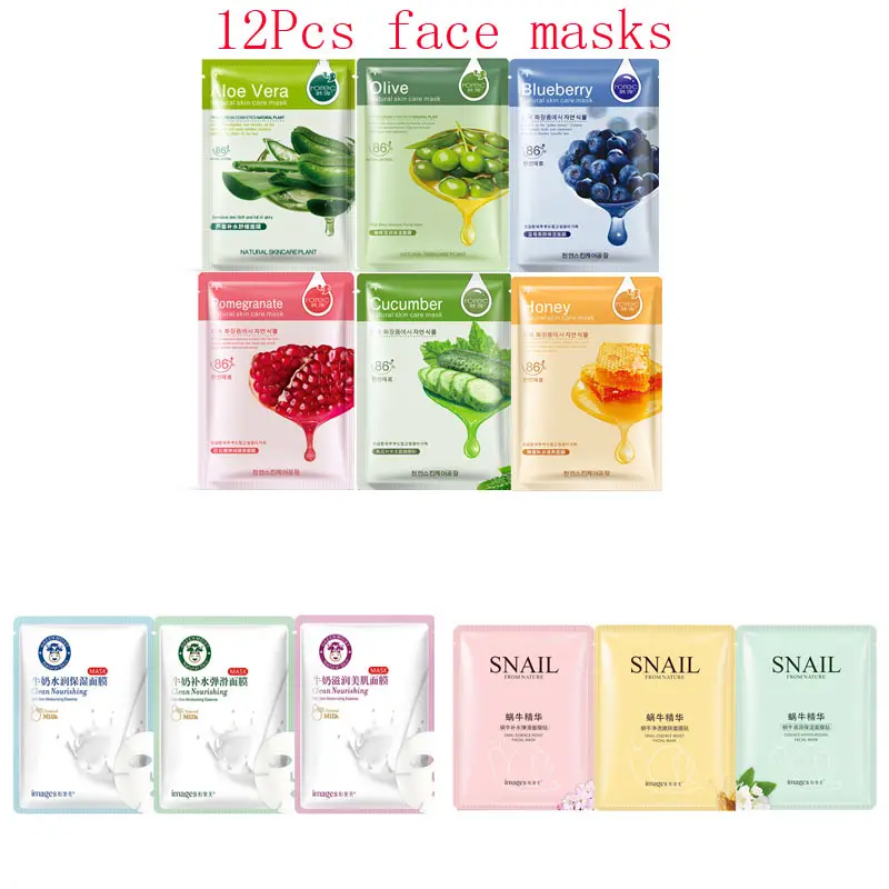 

12Pcs Mixed plant cucumber honey aloe milk snail Face Mask Moisturizing Whitening Shrink Pores Oil-control Facial Mask Skin Care