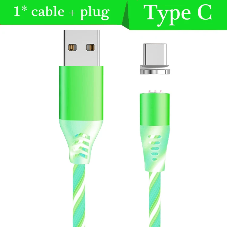 2.4A светодиодный легкий магнит type C Micro USB кабель для Xiaomi huawei Iphone Магнитный кабель для быстрой зарядки шнур для зарядного устройства USB C кабель для передачи данных - Цвет: Green Type C  cable