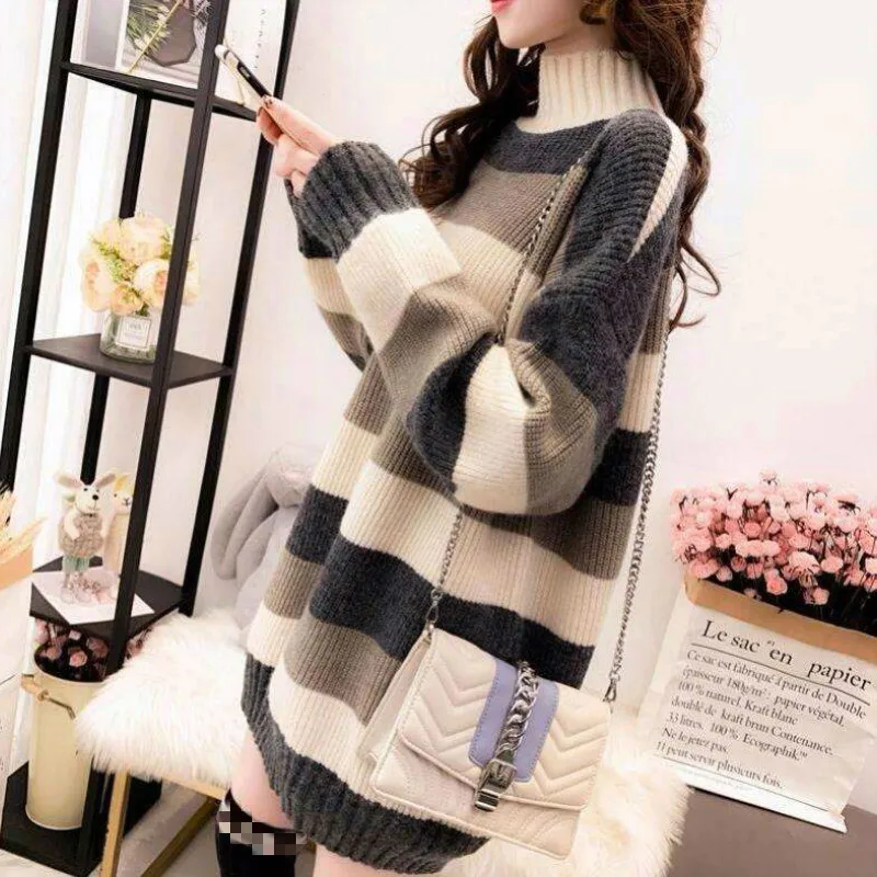 

Autumn O-Neck Loose Striped Knitted Women Preppy Style Winter News Casual Pullovers Sweaters