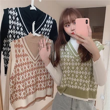 

Vest Women Solid Loose Korean Student Sleeveless Knitted V-Neck Autumn Sweater Vest Female Coats Fashion Outwear Pullover Tops