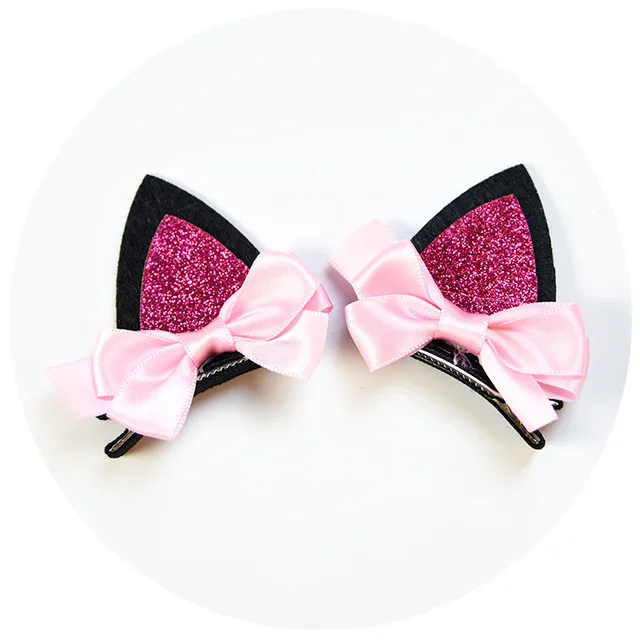 2pcs/Set Cute Hair Clips For Girls Glitter Rainbow Felt Fabric Flowers Hairpins Cat Ears Bunny Barrettes Kids Hair Accessories Red -2