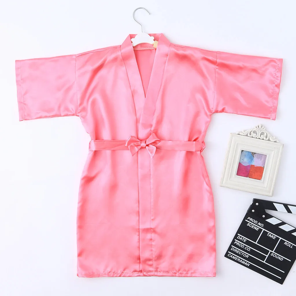 Toddler Baby Kids Girls Solid Silk Satin Kimono Robes Bathrobe Sleepwear Clothes 1PC Bathrobe+1PC Ribbons G1021