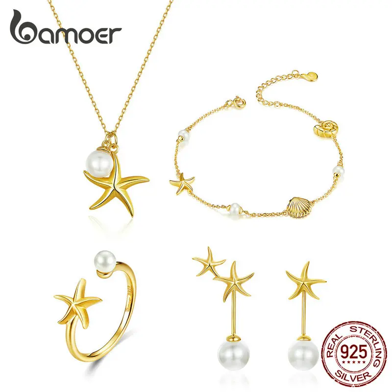 

bamoer Summer Hot Sale Starfish with Pearl Jewelry Sets Gold Color Korean Style 925 Sterling Silver Fashion Jewelry ZHS154