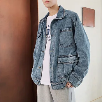 

2019 Spring New Men's Jacket Fashion Personality Retro Washed Denim Outerwear Multi-Pocket Denim Coat Autumn Men's Jacket JIA434