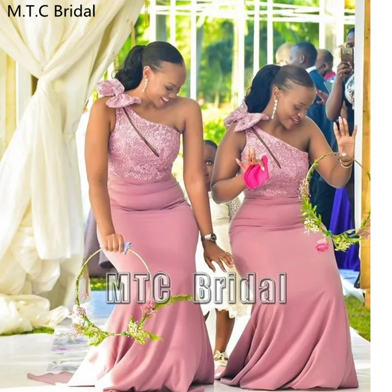 Long Mermaid Bridesmaid Dresses Dusty Rose One Shoulder African Best Women Dress With Bow Lace Maid Of Honor Gowns