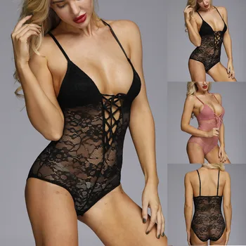

Sheer Floral Lace Bodysuit Women Summer 2020 Sexy V Neck Sleeveless Lace Up Cute Bow Bodycon Jumpsuit Club Body Tops Mono Mujer