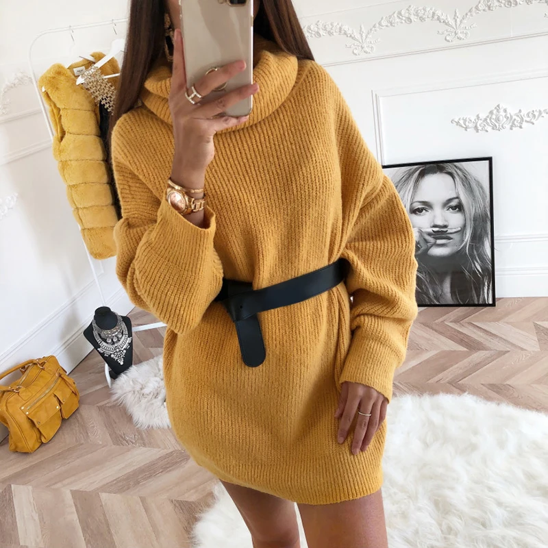 

Yellow Turtleneck Oversized Sweaters Dress Women Autumn Winter 2020 Fashion Solid Long Sweaters Knitted Sweater Ladies