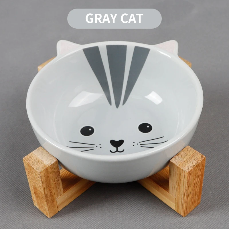 HE чистая красная мультяшная форма керамическая круглая миска для воды еды бамбуковая деревянная подставка товары для домашних собак миска - Цвет: cat