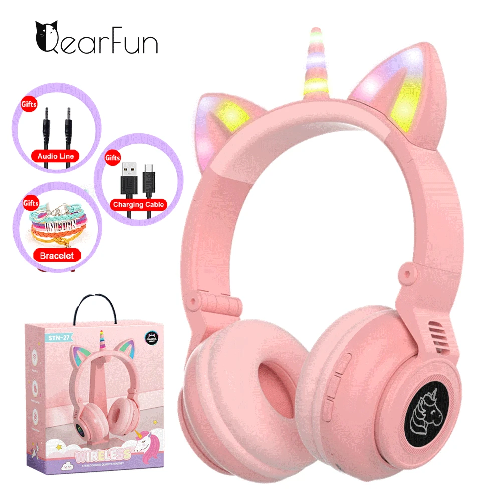 HiFi Dziewczyny bezprzewodowe słuchawki jednorożca na telefon komórkowy, słodkie dzieci muzyka dla dzieci kot słuchawki Bluetooth dla iphone, obsługa karty SD