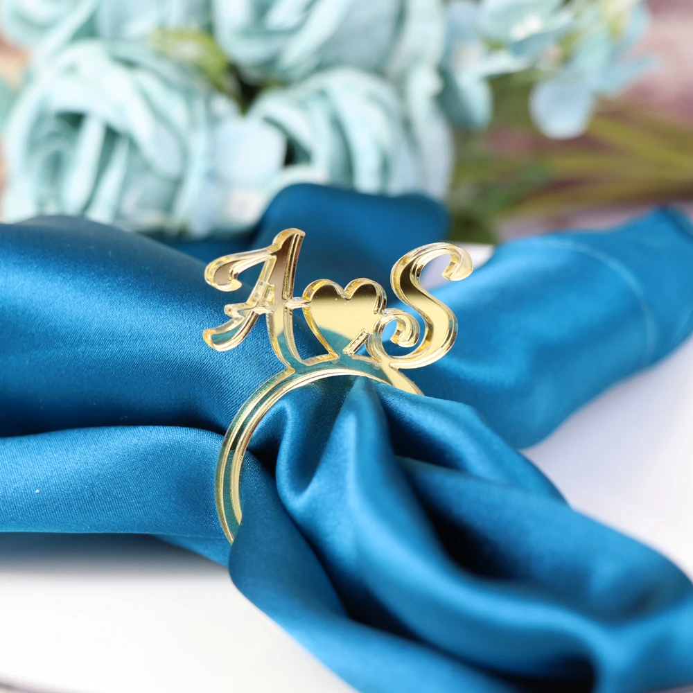 Custom heart with Initials Napkin Ring,Personalized Wedding napkin rings table decora,mirror gold Cut Napkin Ring with Initials (2)
