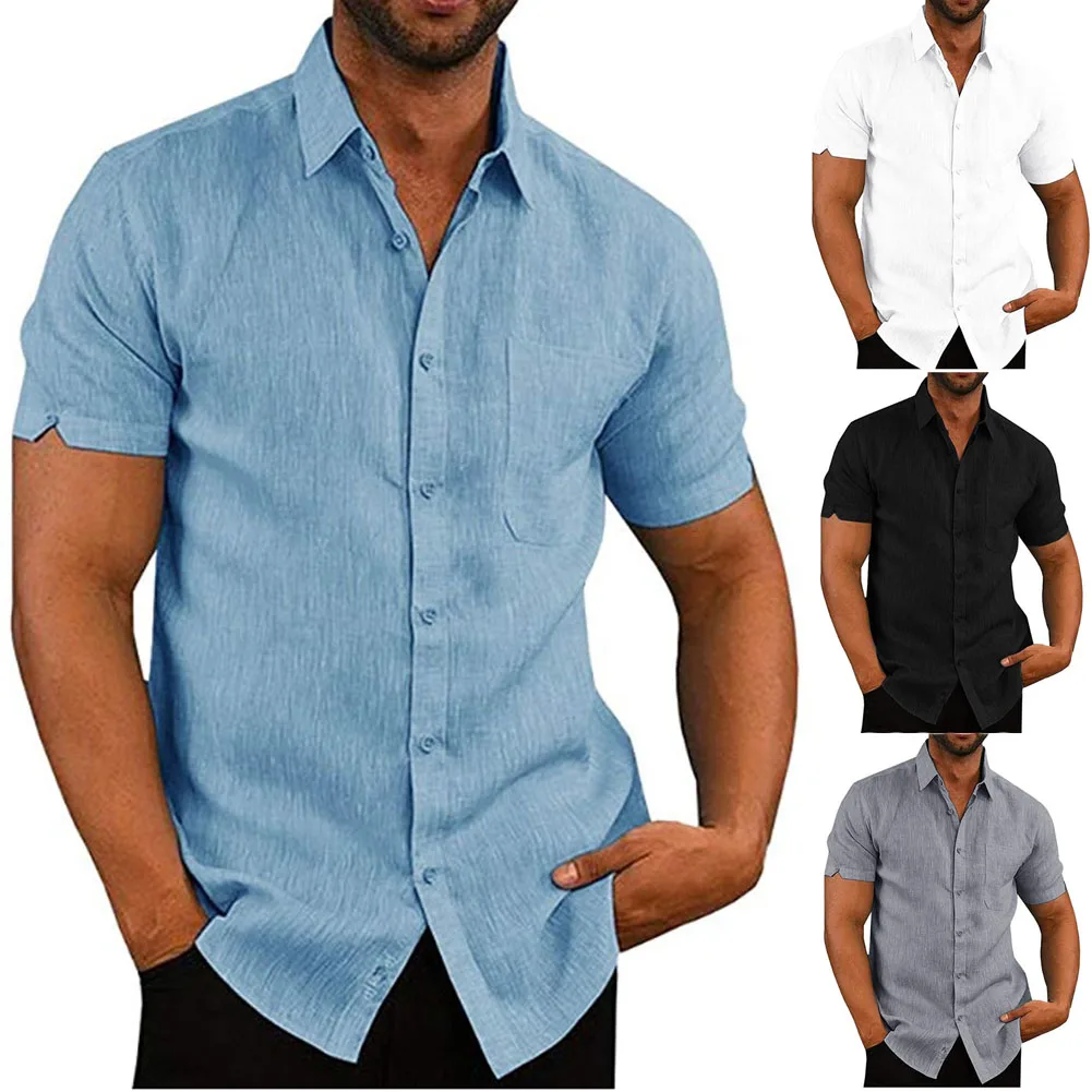 Роскошный мужской короткий рукав с отложным воротником Свободная Рубашка льняная рубашка блузка Топы нагрудный карман дизайн черный белый серый синий