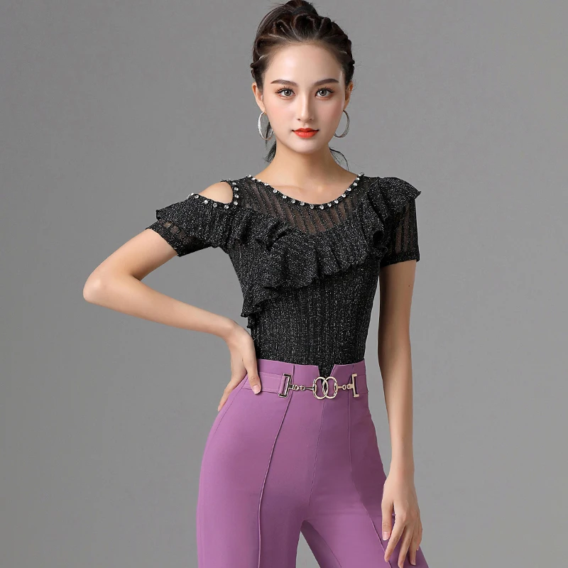 

Latin Dance Practice Clothing Female Modern National Standard Dance Sexy Short Sleeve Tops Rumba Tango Samba Dancewear DQL5370
