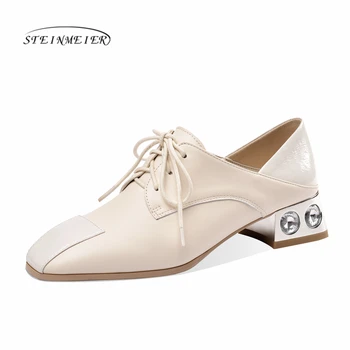 

Women summer high heels fashion genuine leather pumps spring thick heels shoes square toe laces heel woman shoes 2020