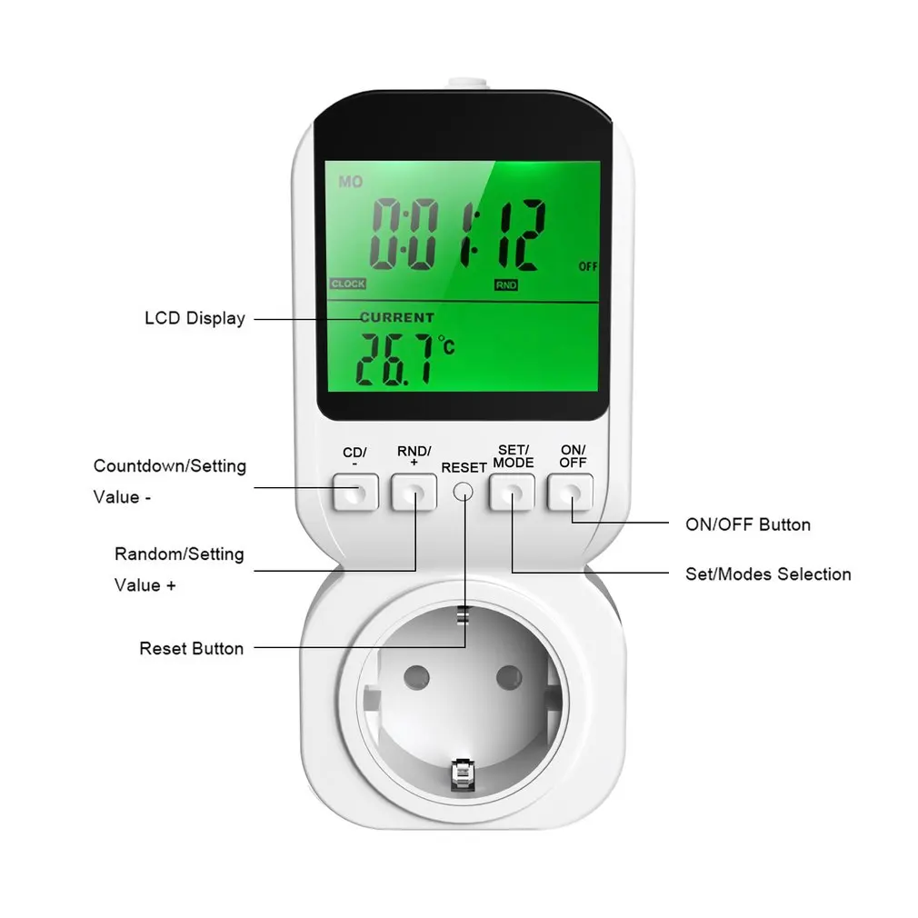 Multi-function LCD Display Thermostat Timer Switch Socket with Sensor Probe Digital Clock Adjustable 12/24 Hour Energy-saving