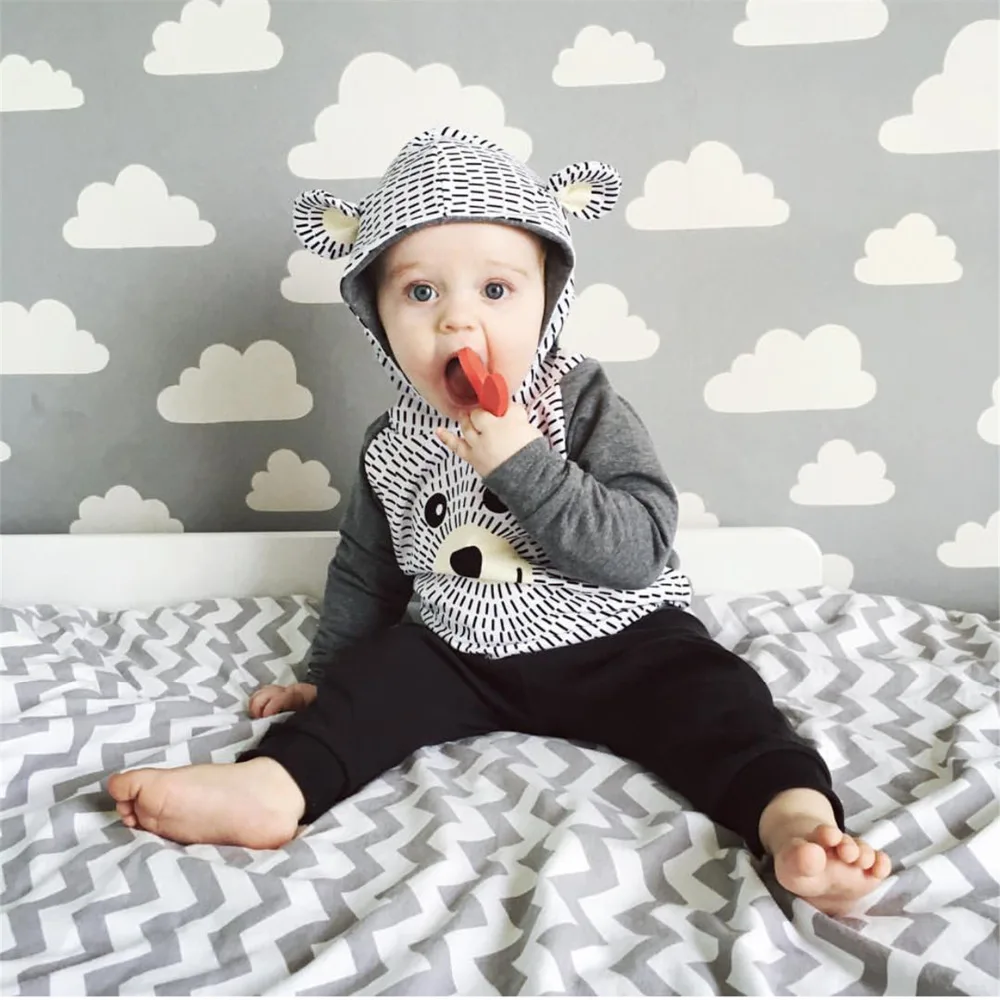 Newborn Toddler Infant Cute Baby Boy Clothes Set Cartoon Little Bear Cotton Sweatshirt Hooded Tops Black Pants Outfits |