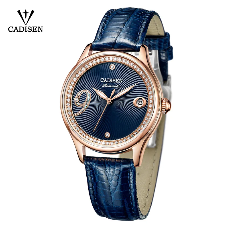 blue strap watch CADISEN, женские часы, автоматические, кожа, нержавеющая сталь, модные, бизнес, Топ бренд, Роскошные, водонепроницаемые, наручные часы, relogio feminino - Цвет: blue strap watch