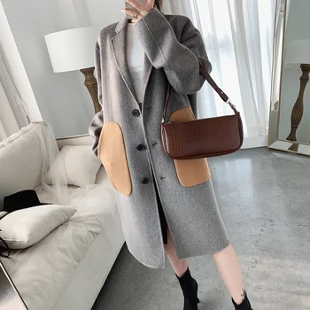 

Color Patchwork Large Pockets Woolen Mid-length Coat For Women Autumn And Winter Lady Warm Loose Outwear Jacket Top Femme