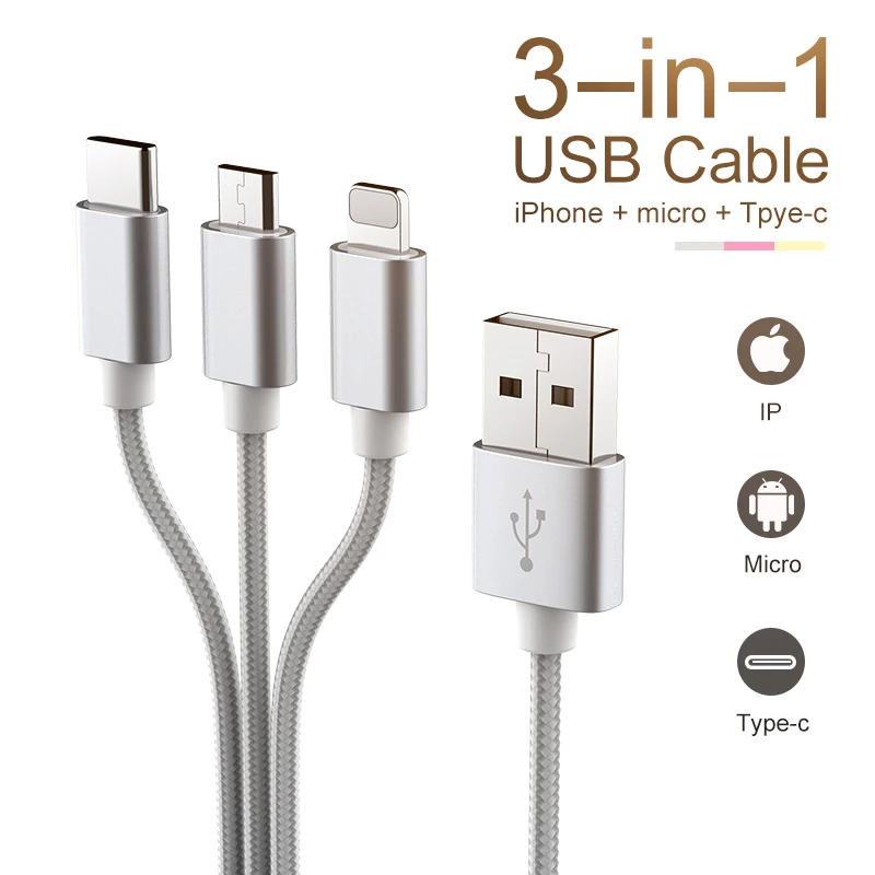 3 в 1, кабель usb type-C для мобильного телефона, кабель Micro USB для iPhone, iPad, зарядный кабель samsung, USB C для iOS 12, 11, 10, 9