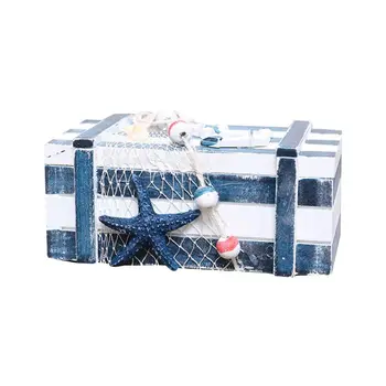 

Small Light Blue Striped Wood Jewelry Box-- Nautical Marine Life Bea