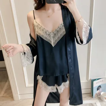 

Women Satin Bathrobe 3PCS Robe Set Casual Satin Sleepwear Kimono Gown Nightwear Sexy Lace Intimate Lingerie Nightgown Homewear