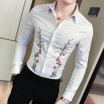

Spring and Autumn Mens Embroidered Shirt High Quality Flower Shirt Men White Black Slim Shirts 2020 New camisa masculina