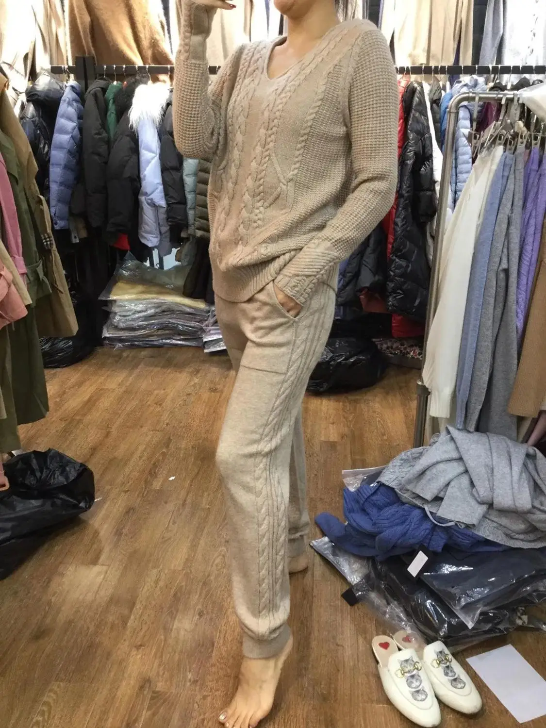 Женский кашемировый костюм из 2 предметов вязаный шерстяной свитер с длинным