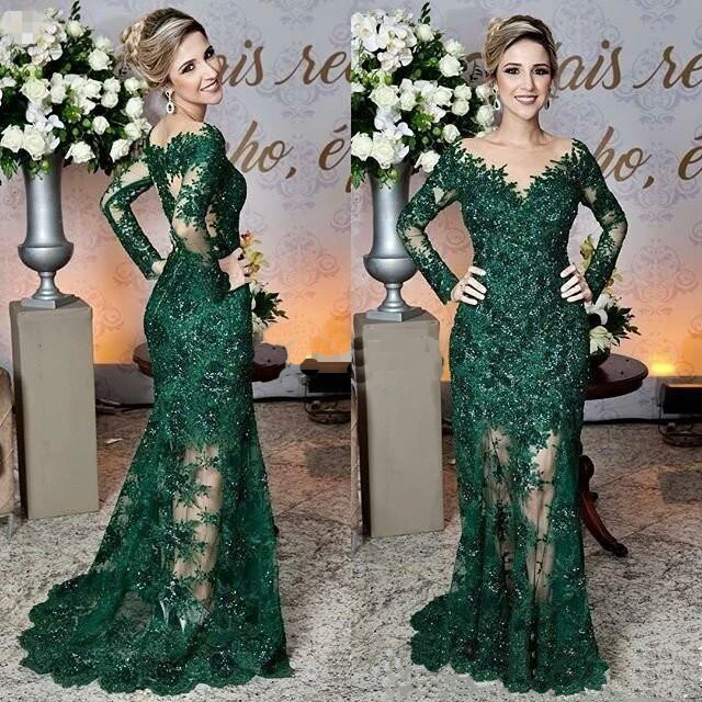 

Dark Green Mermaid Mother Of The Bride Dresses Appliques Jewel Neck Long Sleeves Sheer Long Formal Dinner Wear   