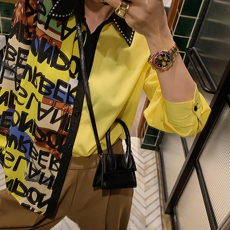 GALCAUR Лоскутная популярная цветная шифоновая рубашка для женщин воротник с лацканами длинный рукав бриллианты буквенный узор Блузки Женская мода