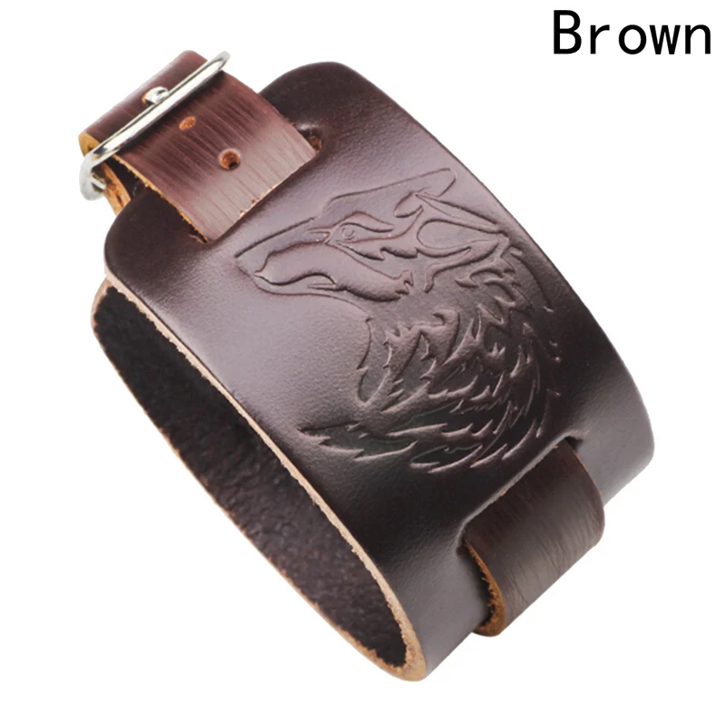 outdoor Genuine Black Brown Leather Wolf Head Bracelet Men Gothic Wristband Male Armband Accessories Summer - Окраска металла: BR