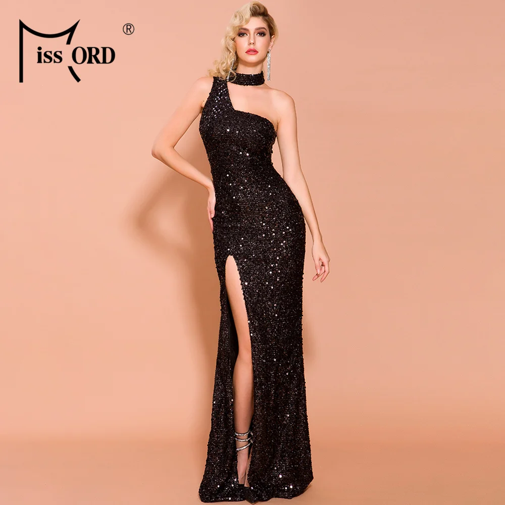 Missord 2021 Winter Sequins Irregular Neck bodycon Women Party Dress High Split One Shoulder Sleeveless Maxi FT19685-2 | Женская одежда