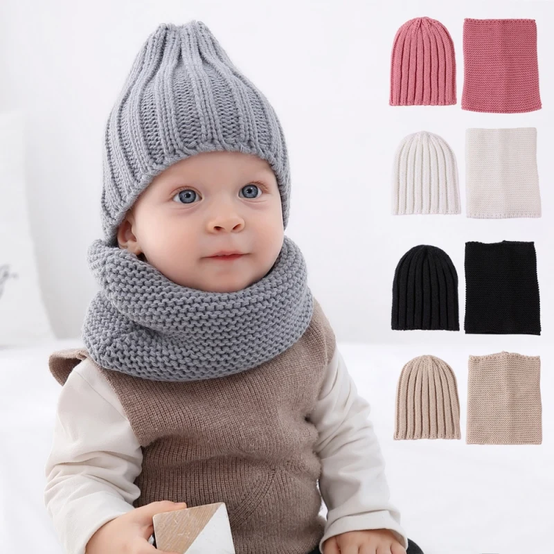 

Newborn Baby Knitted Hats Scarves Set 2Pcs Solid Kids Cap Scarf Autumn Winter Boys Girls Warm Knitted Beanie 0-3Y