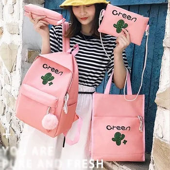 

4 Pieces Sets School Students Girl's Fashion Women's Outdoor Canvas Solid Color Backpack +Tote +Purse +Pencil Case Travel Borses