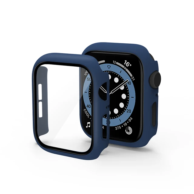 Glass+Case for iWatch Case Cover for Apple Watch Case 45/41mm 44mm 42mm 40mm 38mm Series 7 6 5 4 3 2 1 SE Protector Accessories Midnight Blue