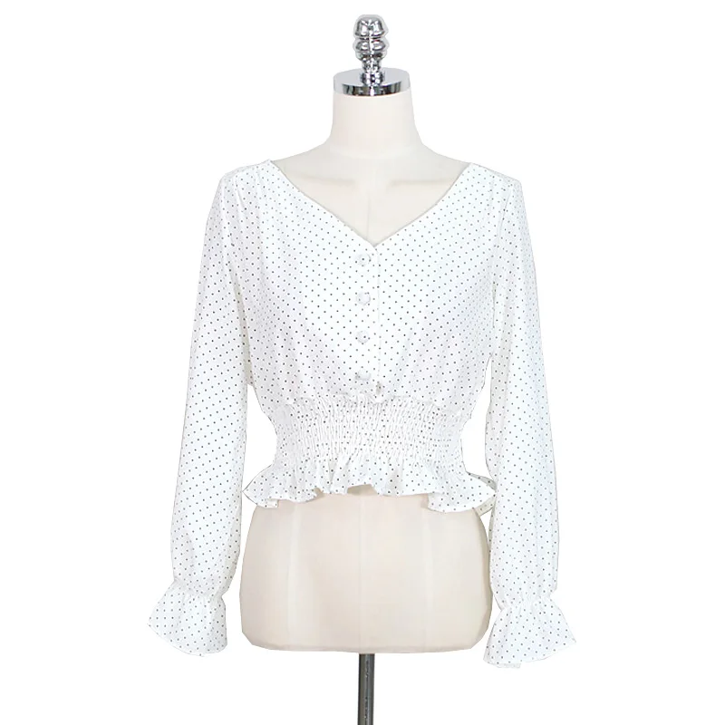 Vintage V-neck Flare Sleeve Polka Dot Women Blouse Shirts Elegant Front Buttons Slim Waist Ruffles Female Blouse blusas 6602 50 Vintage V-neck Flare Sleeve Polka Dot Women Blouse Shirts Elegant Front Buttons Slim Waist Ruffles Female Blouse blusas 6602 50