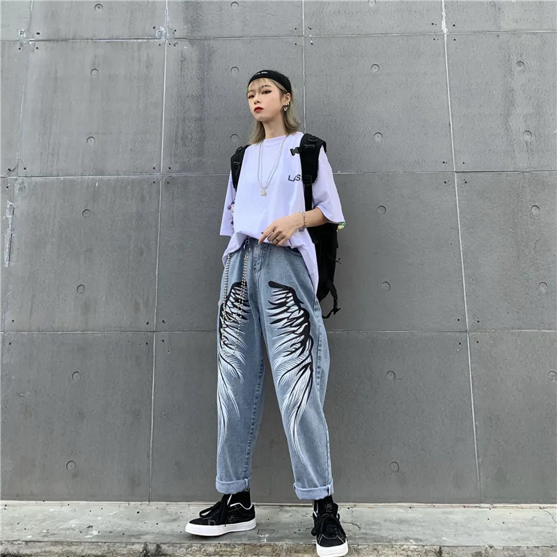 Уличный хип-хоп принт женские джинсы Harajuku Модные свободные повседневные женский эластичный пояс джинсовые брюки