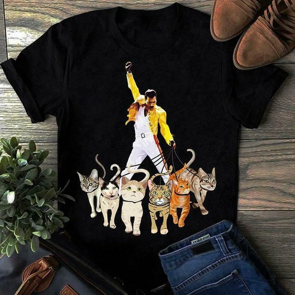 Freddie Mercury и его кошки женские топы футболка Хлопковая женская черная S-3XL модная