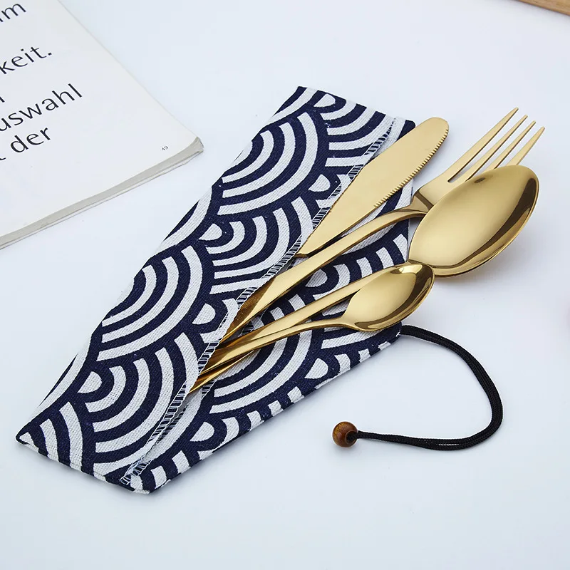 

4 PCS/ Set Stainless Steel Colorful Western Cutlery Spoon Cutlery Set Spoon/Fork/Knife Kit Tableware Dinnerware Set with bag