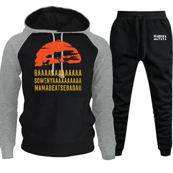 

Cartoon Streetwear Mens Raglan Hooded Autumn Winter 2019 The Lion King Simba Suit Casual Pullover Fleece Hoody+Pants 2 Piece Set