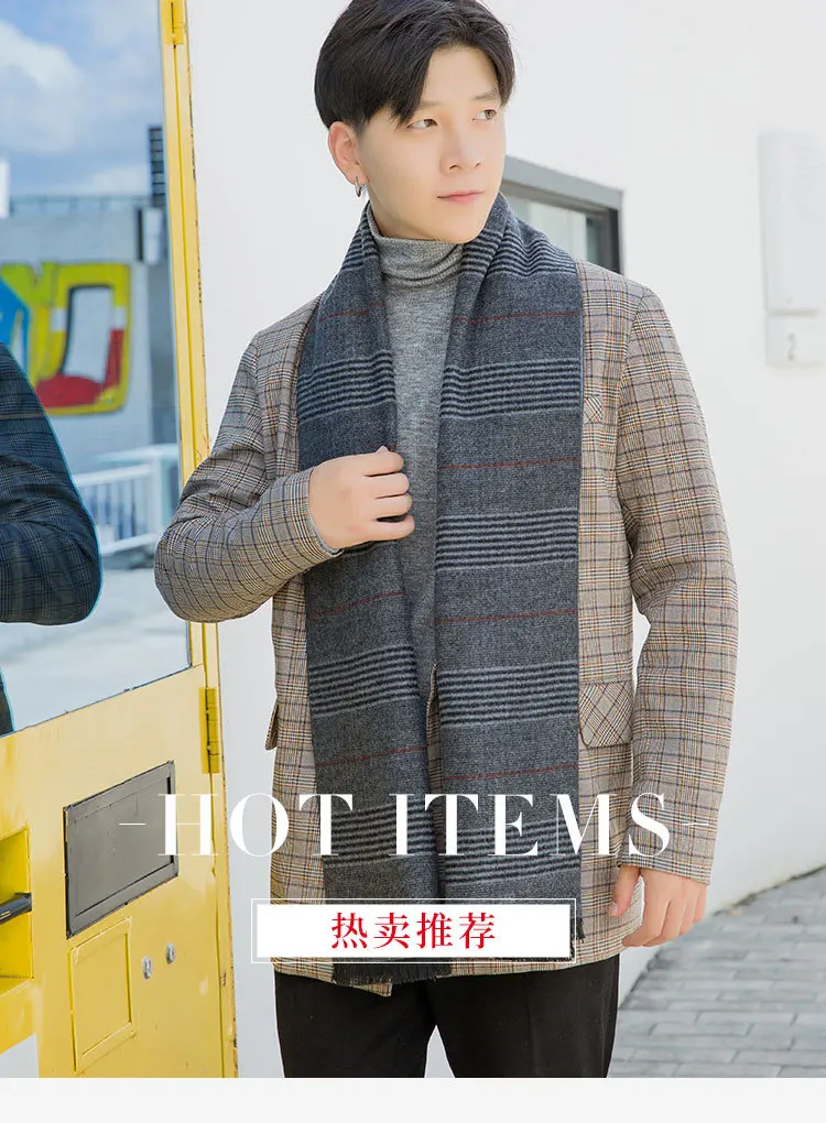 Fall and Winter New Stripe Cashmere-like Men's Scarf Japanese and Korean Printed Heating Mid-long Neck Male Manufacturers Wholes