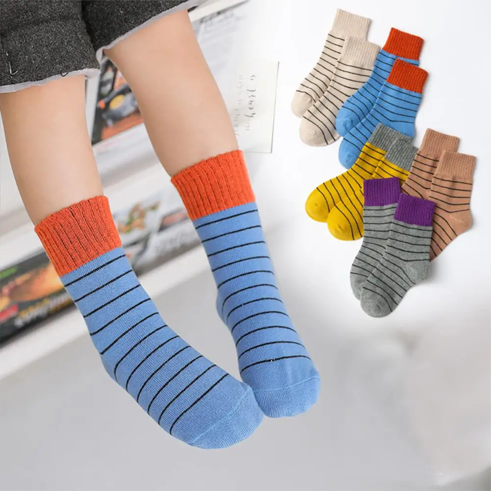 Kuulee Cute Stitching Kids Stripes Pattern Cotton Mid-calf Length Cotton socks middle tube