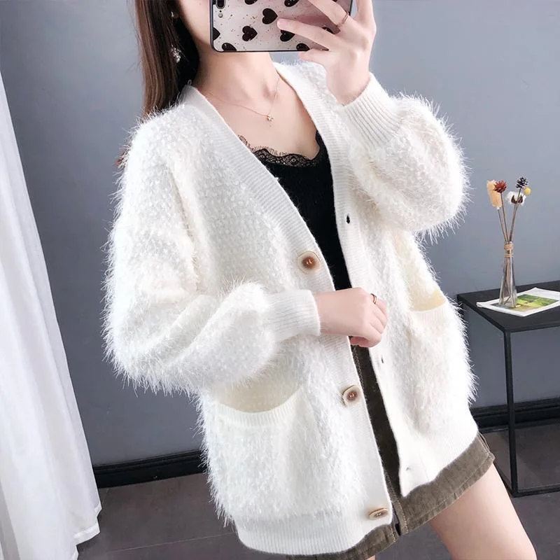 

Knitted Cardigan Sweater jacket Coat 2020 New Autumn Women's Sweet Mid-length Thick Tassel Mohair Sweater Top Clothing Oversize