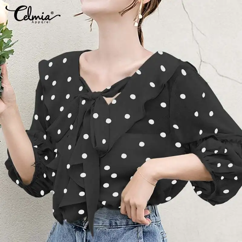 

Celmia 2020 Fashion Polka Dot Print Blouses Women Chiffon Bow Tie Ruffles Shirt Elegant Sheer Tops Plus Size Ladies Blusas Mujer