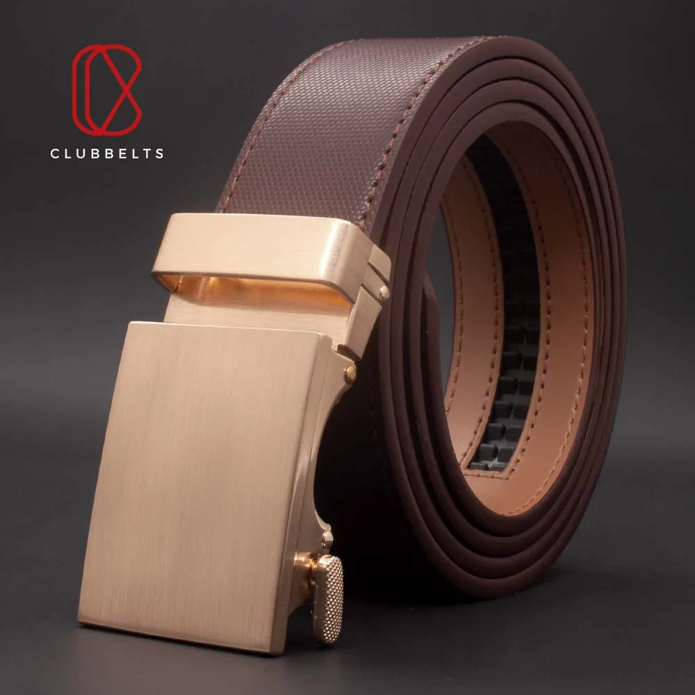 

Clubbelts Men's Leather Ratchet Belt With Brushed Bronze Automatic Buckle Genuine Leather Belts For Men