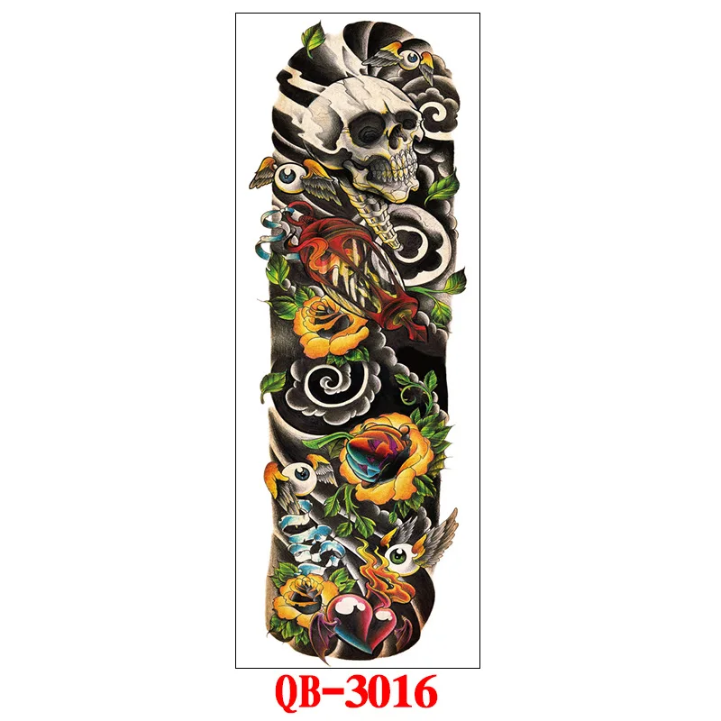 3016 Full Arm Temporary Tattoo Stickers Large Black Skeletons Body Tattoo Waterproof Tattoo For Men Women Fake Tattoos 17*48cm - Цвет: 3016