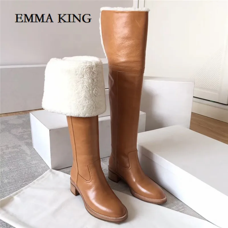 Nature leather Модные кожаные женские Сапоги выше колена на не сужающемся книзу массивном каблуке; женские зимние теплые сапоги в британском стиле; женские сапоги до бедра - Цвет: Nature leather