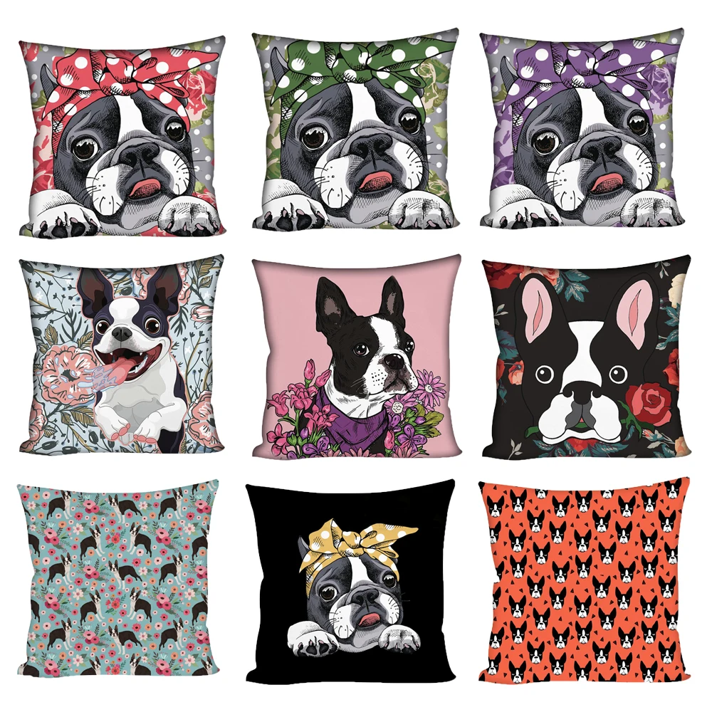 HUGSIDEA Polyester Printing Boston Terriers Cushion Covers Sofa Decorative Cushions Pillow Cover 45*45 Case funda cojIn | Дом и сад